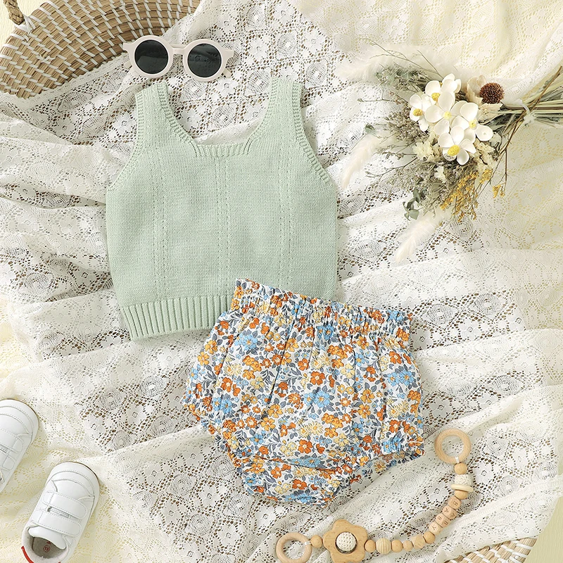 

Baby Girls Clothes Summer Solid Sleeveless Knitted Vest Tops+Floral Buttoms Newborn 2pcs Outfits Sets 0-18m Infant Kids Knitwear