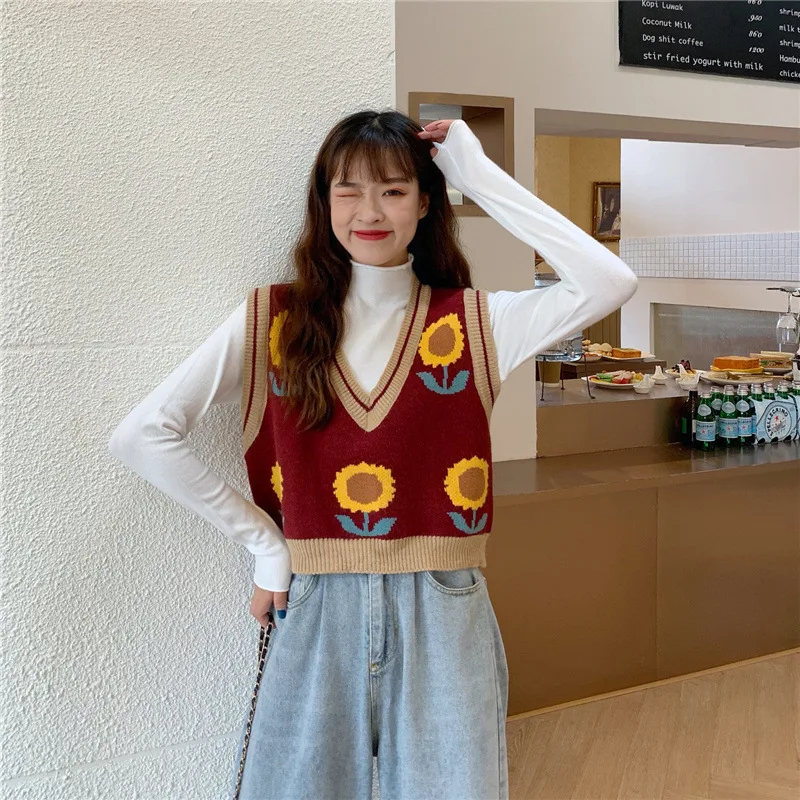 

Vest Autumn and Winter 2022 New Women's Sunflower Sleeveless V-Neck Pullover Loose Knitted Sweater Sweater Top Women's Clothing