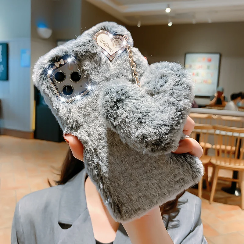 Luxury Love Pendant Phone Case For iPhone 12 Pro Max 14 13 11 X XS XR 8 7 6 6S Plus SE 2020 5S Cute Warm Winter Plush Fur Covers