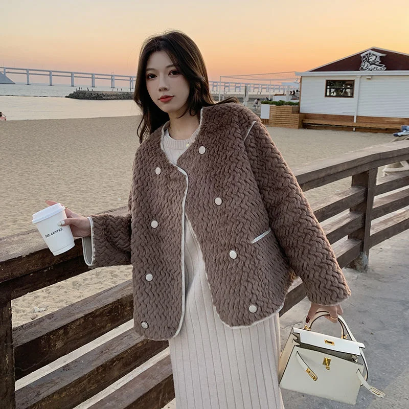 

2022 Autumn And Winter New French Women Fur One-piece Jacket Double Breaste Loose Lamb Wool Coat Jacket