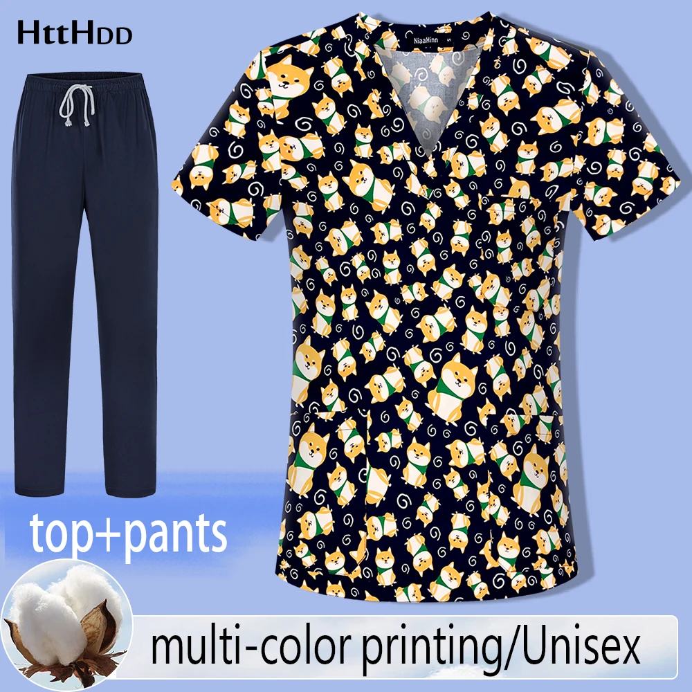 

Pet Shop Uniform V-neck Short-sleeved Summer New Frosted Top Overalls Unisex Cotton Cute Cartoon Printing Nursing Accessories