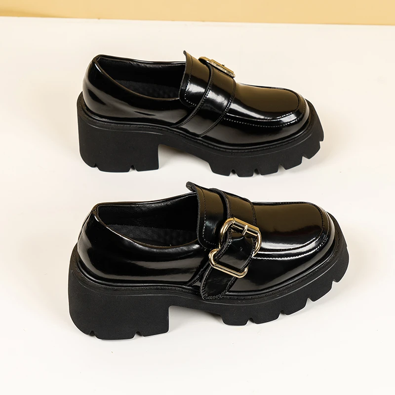 

New Chunky Loafers Women Thick Platform Leather Shoes Uniform Shoes Fall Metal Decoration Slip on Ladies Flats Chaussure Femme