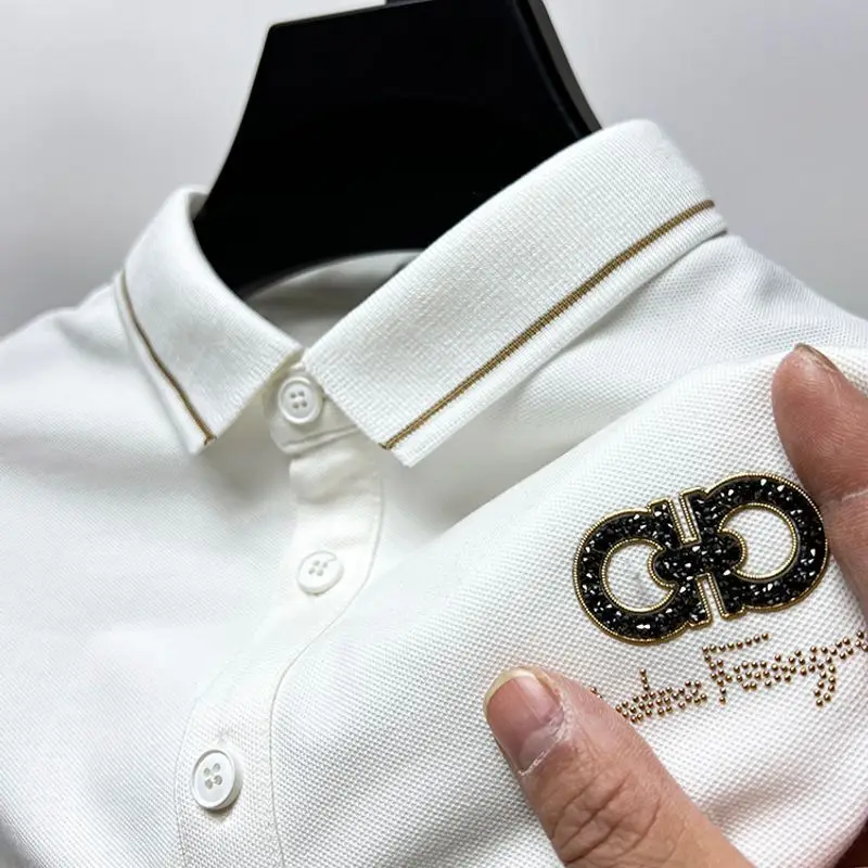 

69%Cotton High End Luxury Men's Polo Shirt2023Summer Lapel Print T-shirt Hot Diamond Korean Trend Fashion Short Sleeve Clothing