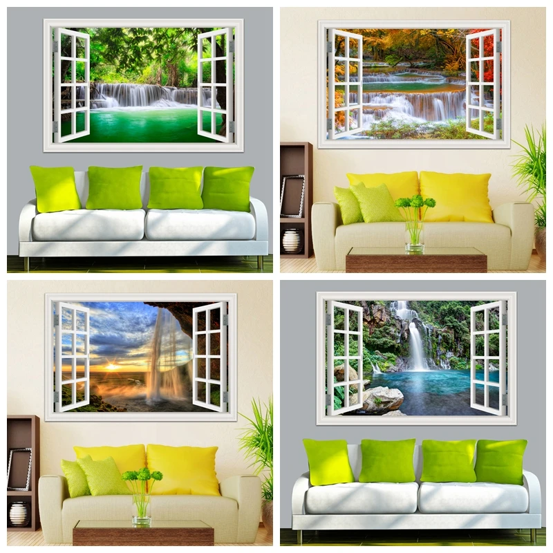 

Wall Art Decal 3D Window View Waterfall Wall Sticker Vinyl Decal Wallpaper Nature Landscape For Living Room Home Decor Poster