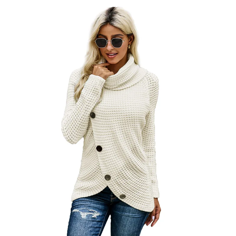 

Plus Size KnitwearAutumn Winter Turtleneck Sweater Solid Color Women New Long Sleeve Button Knitted Pullover Sweaters Female