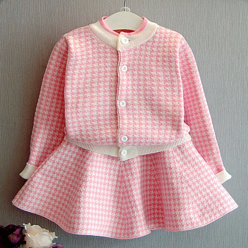

Knit Cardigan Sweater+ Short Skirt 2pcs Kids Outfits Girls Sets Children'S Clothing Autumn Winter New Plaid Korean Student Suit
