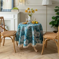 american retro tablecloth jacquard blue chrysanthemum round tablecloth cafe decoration fabric coffee table cover towel moojou