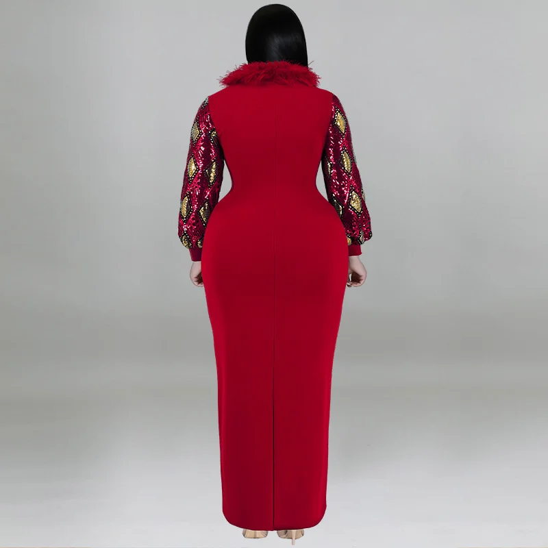 2022 Plus Size Solid Sequins Skinny Long Dress Party Style Round Neck Panel Wool Long Sleeve Elegant Women's Skinny Dress