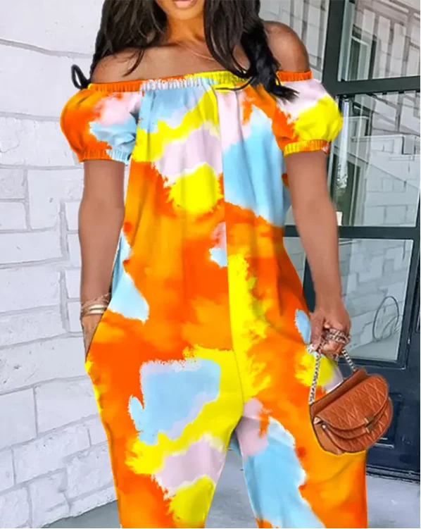 Tie Dye Print Off Shoulder Cuffed Jumpsuit women summer 2022 new fashion