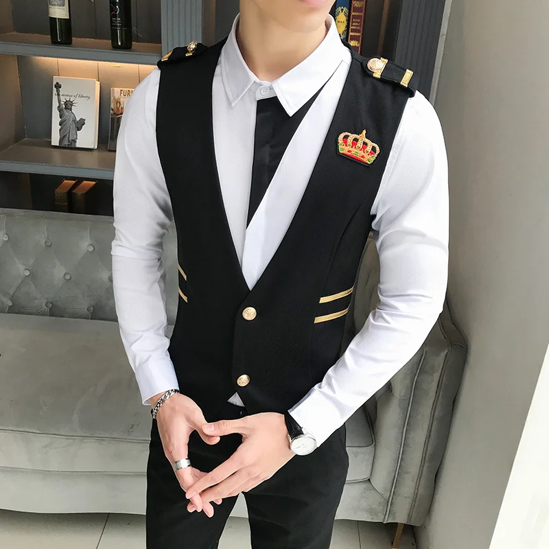 

Embroidery Crown Dress Vests For Men Slim Fit Waistcoat Suits Casual Business Wedding Tuxedo Vest Gilet Chalecos Para Hombre