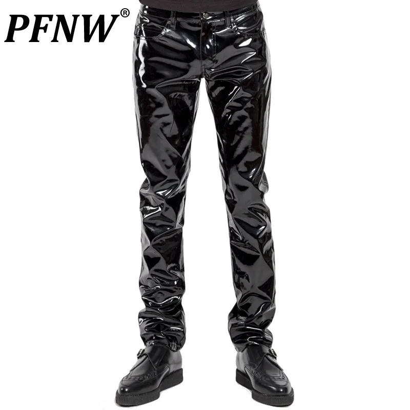 

Мужские зеркальные брюки PFNW, черные брюки из искусственной кожи, в стиле панк-рок, для сцены, осенний сезон, 12Z4455