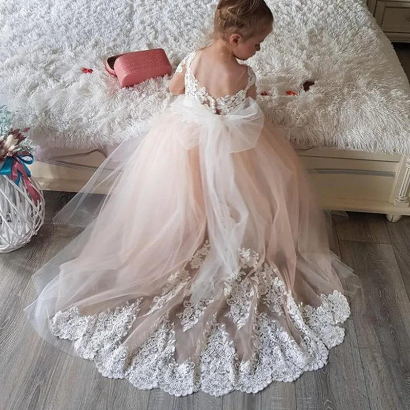 

Puffy Tulle Lace Ball Gown Flower Girl Dresses Long Sleeve Princess Dress Girl Wedding Party Dress First Communion Dress