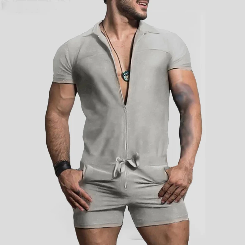 

Men Jumpsuit Tight Short Sleeve Bodysuit Sexy Zipper Lapel Slim Tie-up Rompers Casual Short Pants Homewear Jumpsuit Mens Pajamas