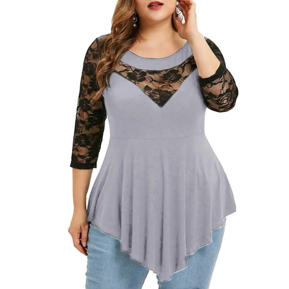 

Women Blouse Crew Neck Pullover Blouse Solid Color Floral Lace Women Top