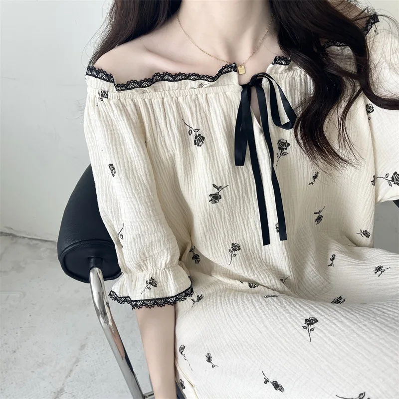 Pajamas for Women Nightdress Cotton Sweet Black Rose Print Nightgown Lace Lace-up Pajama Maxi Vestidos Women Sleepdress Vestidos