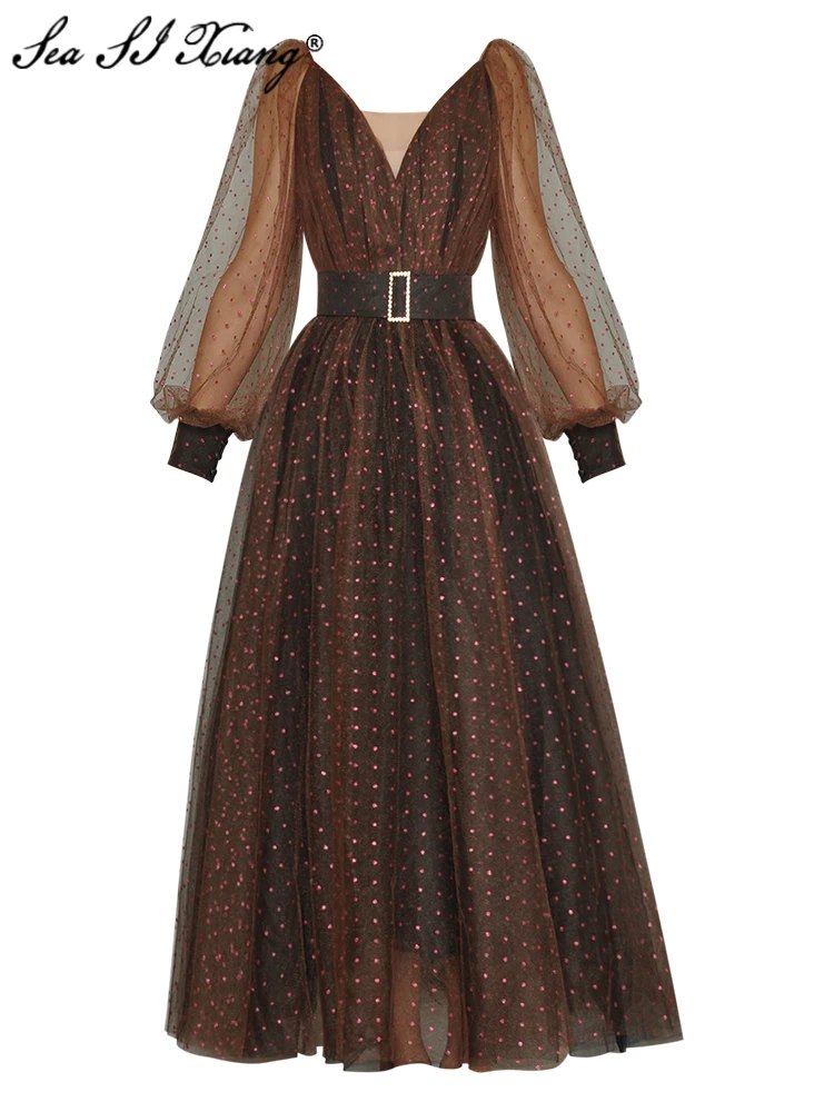 

Женское Сетчатое платье в горошек, с V-образным вырезом и рукавами-фонариками