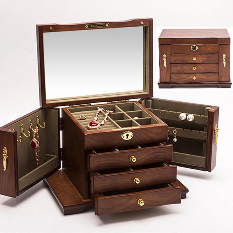 

Роскошная большая Деревянная шкатулка для ювелирных изделий, 4-уровневый органайзер для хранения сережек, колец, ожерелий, бижутерии, подарок