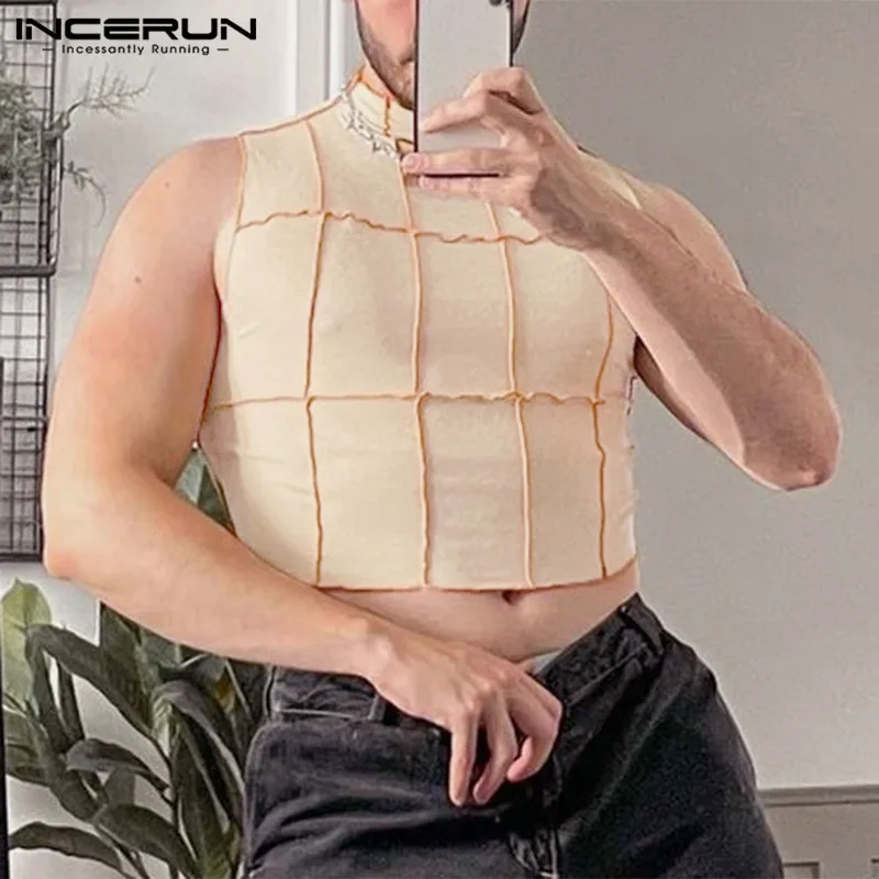 

2022 модные мужские майки в клетку с высоким воротником, облегающие кроп-топы без рукавов, Мужская Уличная одежда, сексуальная фотосессия для ...