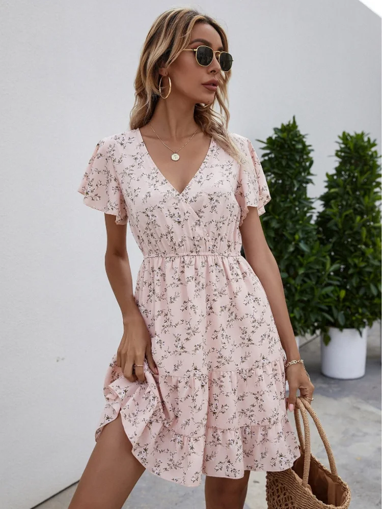 

Allover Ditsy Floral Print Ruffle Hem A-line Dress Summer Women Pink Butterfly Sleeve Elastic Waist V-neck Midi Dress Robe Femme