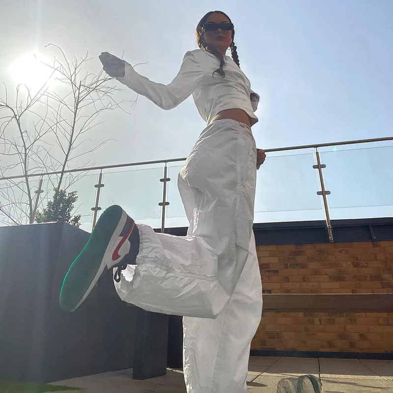 

Брюки-карго Женские однотонные, повседневные свободные джоггеры с широкими штанинами, Модные Винтажные шикарные штаны на шнуровке, уличная одежда, Y2K