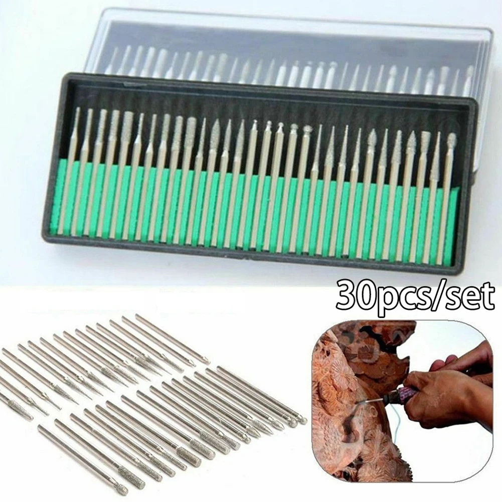 

30pcs 2.35mm Shank Diamond Burs Set With Box For Electric Power Tool Accessories Abrasive Tools For Processing Wood Glass Plasti