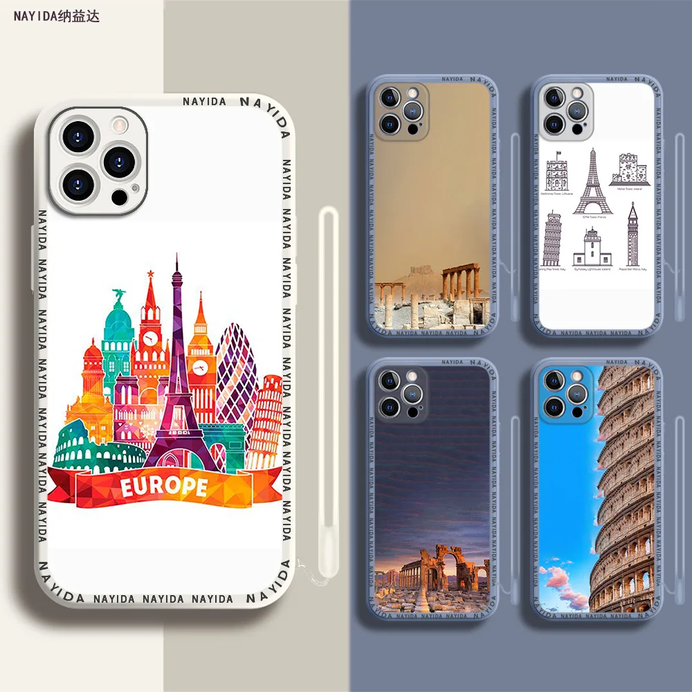 

Soft Silicone Phone Case For iPhone 14 13 11 12 Mini Pro Max XS XR X Blue Lanyard Cover Historical Landmark Building Clea