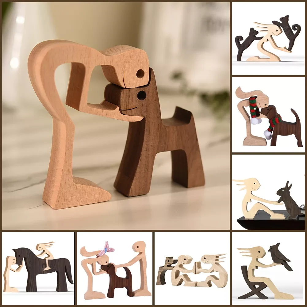

Family Puppy Wood Dog Craft Figurine Desktop Table Ornament Carving Model Home Office Decoration Pet Sculpture for Dog Lovers