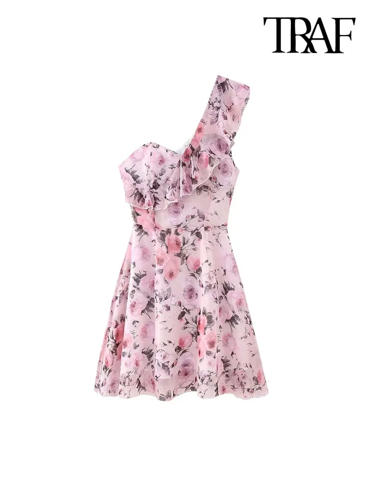 

TRAF Women Fashion With Ruffles Floral Print Chiffon Mini Dress Vintage One Shoulder Backless Zipper Female Dresses Vestidos