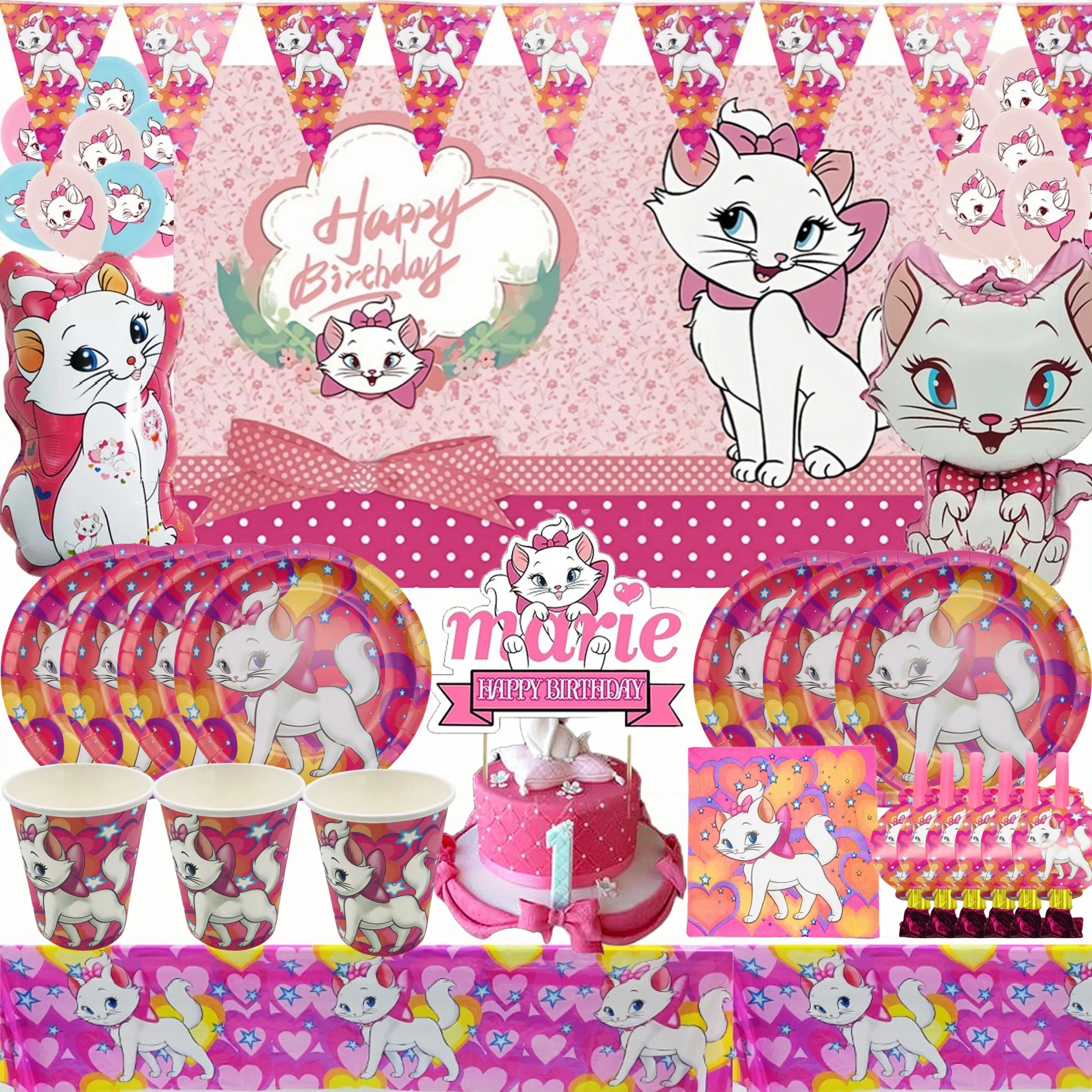 

Marie Cat Birthday Party Decoration Paper Cup Plate Tissue Tablecloth Pink Cats Latex Balloons Baby Shower Girls Party Supplies