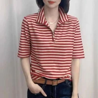 summer new korean fashion women short sleeve loose t shirt print stripe hooded casual tee shirt femme cotton tops femme e32