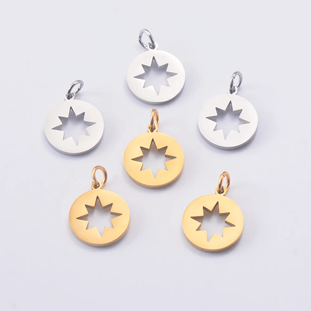 

Оптовая продажа, 10 шт./лот, круглые подвески из нержавеющей стали золотого цвета в форме солнца и звезды, Подвески для изготовления ювелирны...