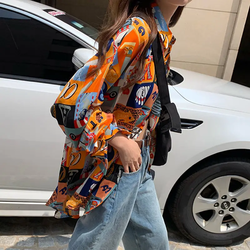 

MsPretty 2022 Spring Summer Women New Fashion Retro Girl Print Loose Long sleeve Mid-length Coat Sunscreen Patchwork T-shirt