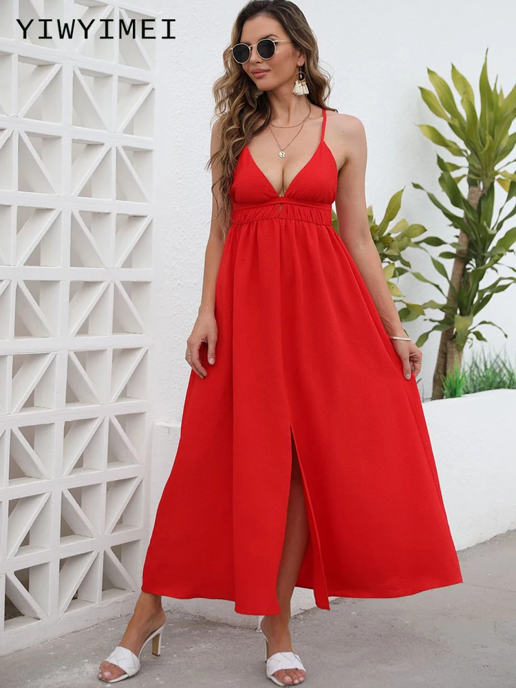 

Summer Party Midi Elegant Dress Women 2022 Strap Sexy Design High Wasit Vintage Casual Dress Sleeveless Sweet Dress