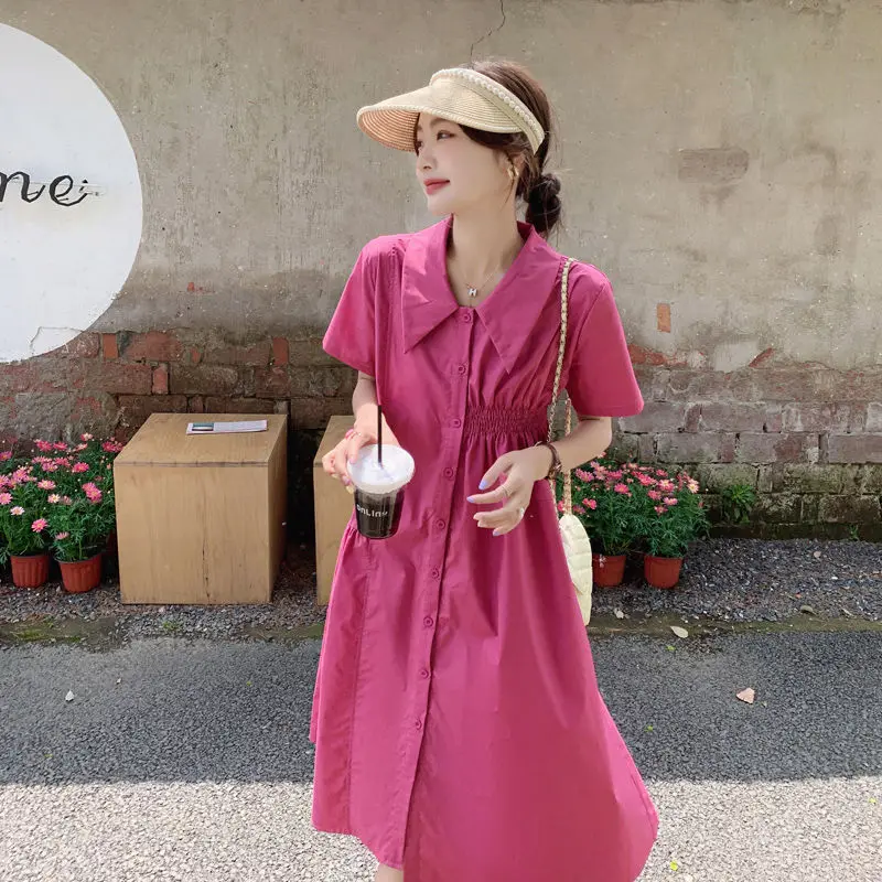 

Rose Red Fashion Dress Women's Summer 2023 New French Style Design Sense Pleated Single Breasted Polo Neck Long Dress