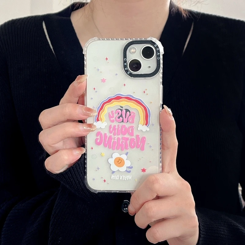 

Ins Korea Cute Smiley Rainbow Flower Phone Case For iPhone 11 12 13 Pro Xs Max Xr 7 8 Puls SE 2020 Cute Shockproof Soft Cover