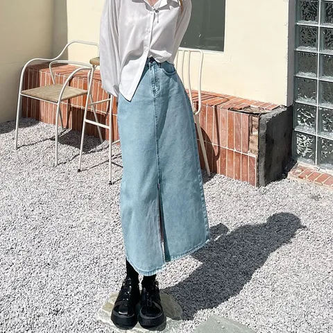 Vintage High Waist Women Denim Midi Skirt Summer Korean Thin Section Slit A Line Skirts Fashion Casual All Match Denim Skirts