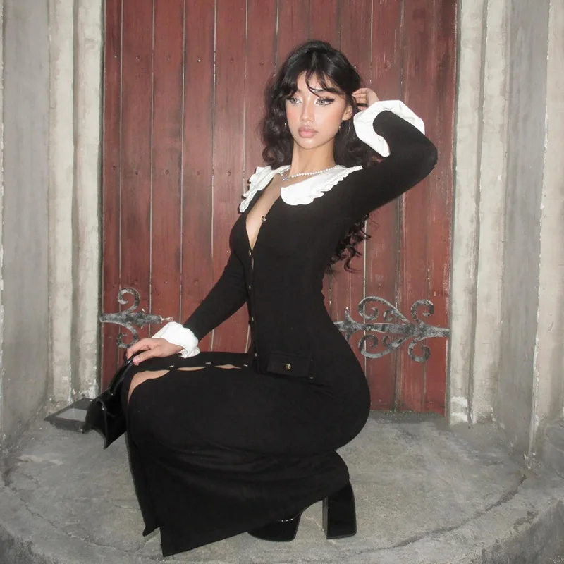 Элегантное трикотажное длинное платье женское однобортное облегающее с