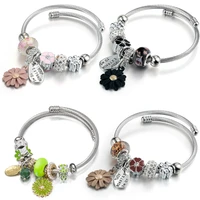 fit original pan cute daisy charms bangles for women adjustable stainless steel bracelet men diy heart clover flower glass beads
