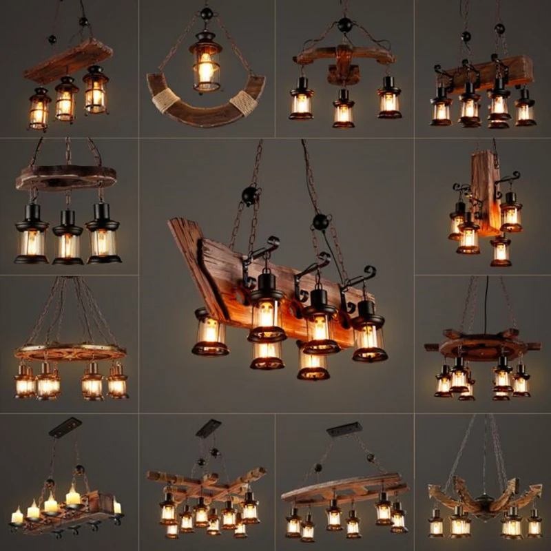 Antique Industrial Retro Wood E27 LED Ceiling Chandelier Lightin Creative LOFT Bar luminaire Vintage Pendant Lights lustre