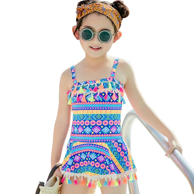 

Летний детский купальный костюм, пляжный слитный купальник в стиле ретро для девочек, спортивный детский купальник с кисточками, костюм для...