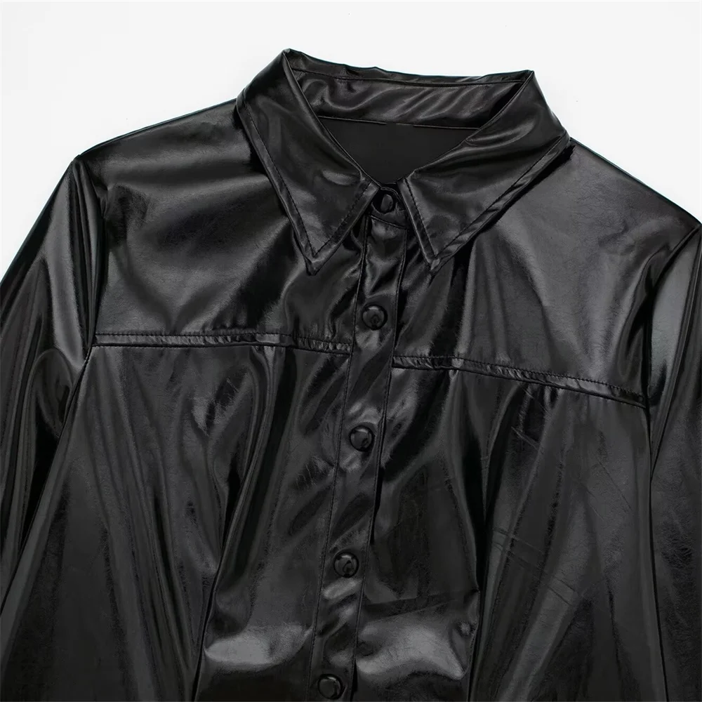 Женская рубашка из искусственной кожи PB &amp ZA однотонная яркая с отворотом и