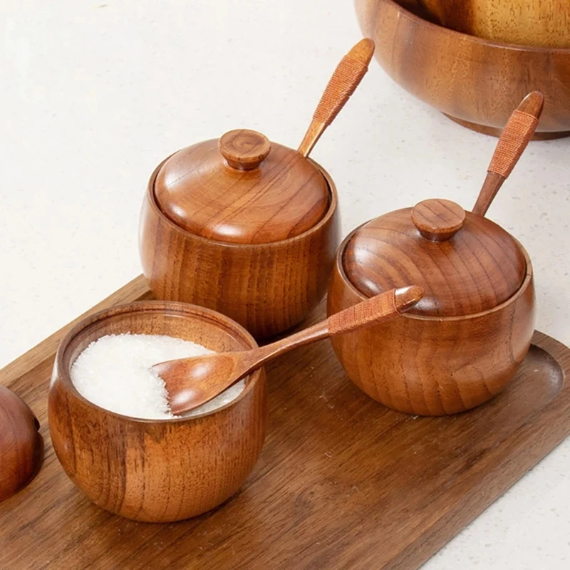 

Wooden Salt Cellar Sugar Bowl Pepper Box Salt Seasoning Container with Lid and Spoon Wooden Spice Box Kitchen Spice Jars