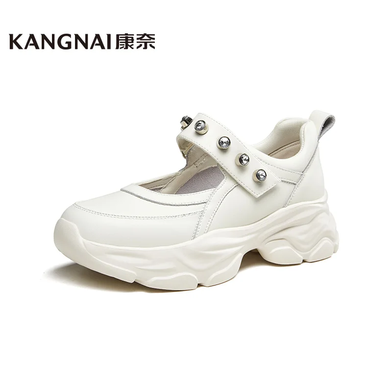 

Kangnai Women Platform Sneakers Split Leather Shallow Flats White Summer Sports Shoes Females Casual Shoes
