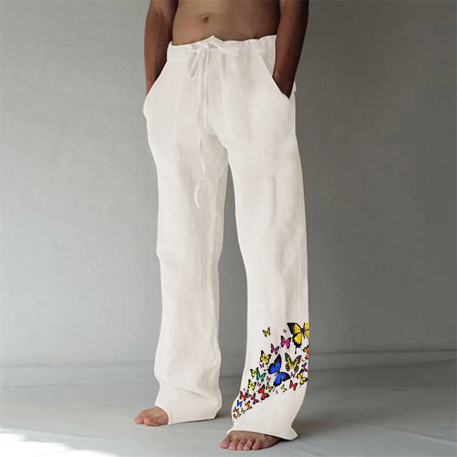 

E Motion Pants for Men Mens Fashion Casual Printed Linen Pocket Lace Up Pants Large Size Pants