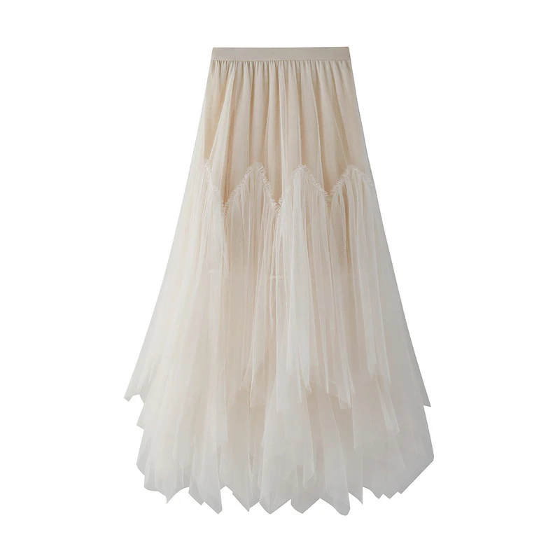 

Women's Irregular Tulle Mesh Long Skirts Spring Summer Solid Color Lace Up Ladies Casual High Waist A Line Female Maxi Skirt