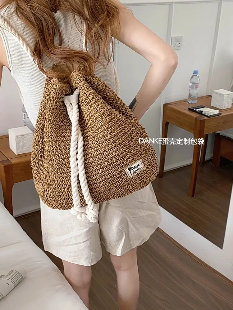 Summer Straw Woven Hollow Backpack Fashion Leisure Simple Versatile Travel Vacation, Drawstring Strap Mouth Bucket Bag For Women