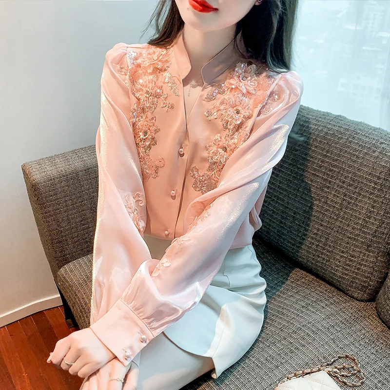 

NEW Spring Basic Office Lady Blusa Embroidery Sweet Vintage Tops Elegant Women Blouses Loose Casual Shirts