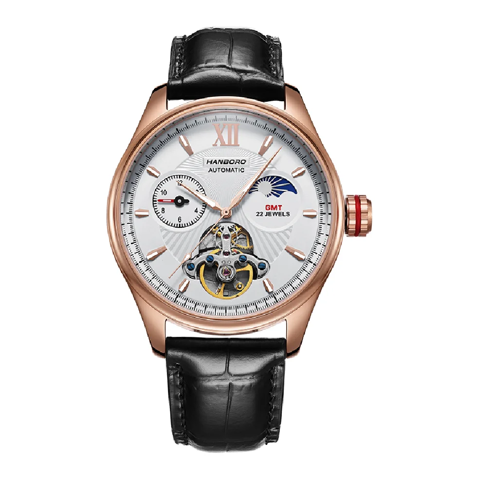 

HANBORO Automatic men Watches GMT Waterproof Male Mechanical Wristwatches Hollow Out Luminous Top Brand Luxury MAN WATCH