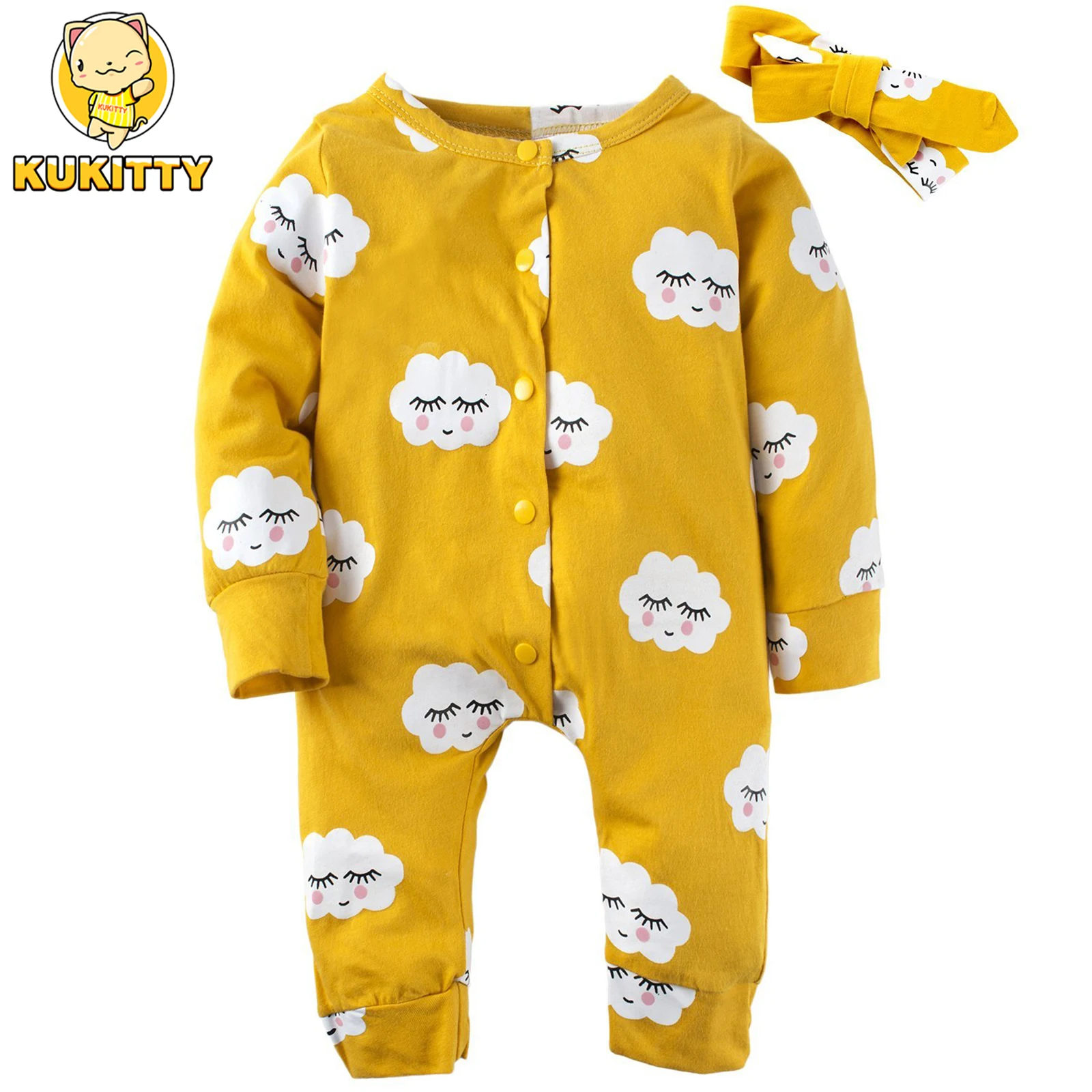 Тонкий хлопковый комбинезон с длинными рукавами и принтом облаков для маленьких