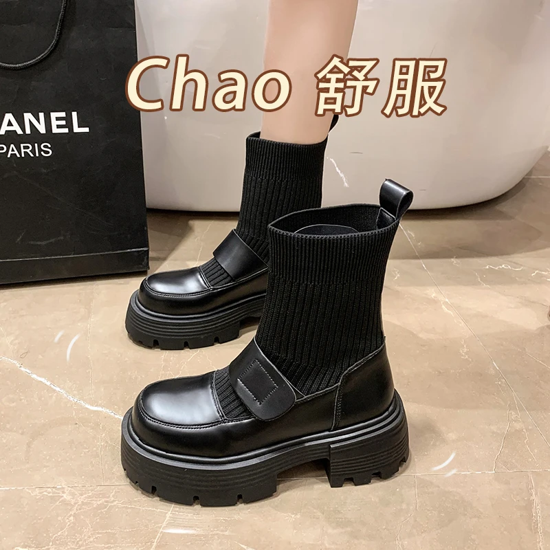 Autumn new black elastic socks boots women's short Boots Spring and Autumn Square head retro thick-soled small thin boots